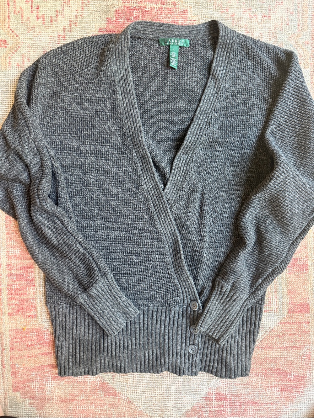 Ralph Lauren Charcoal Knit V-Neck Button Cardigan